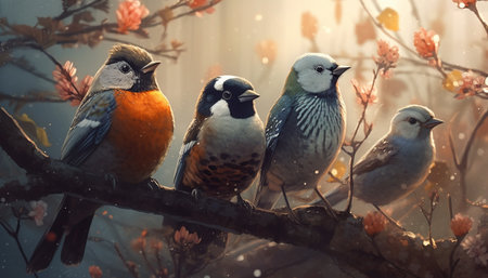 Small bird perching on branch, winter snow generated by artificial intelligenceの素材