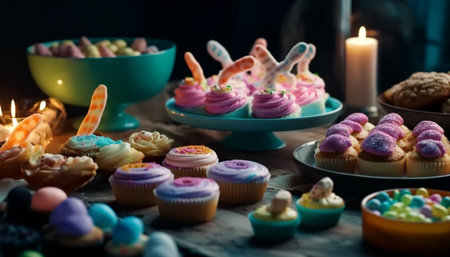 Indulgent cupcakes with sweet icing decoration generated by artificial intelligenceの素材