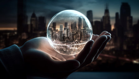 Businessman holding glowing sphere in futuristic cityscape generated by artificial intelligenceの素材