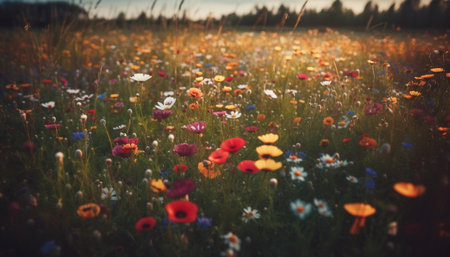 Vibrant wildflowers blossom in tranquil meadow scene generated by artificial intelligenceの素材
