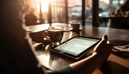 Caucasian woman in coffee shop using technology generated by artificial intelligenceの素材