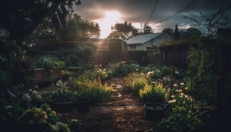 Green tree in rural landscape at sunset generated by artificial intelligenceの素材