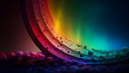 Glowing circle backdrop illuminates futuristic celebration space generated by artificial intelligenceの素材