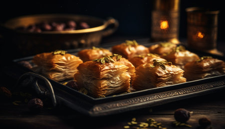 Gourmet meal on rustic table, ready to eat generated by artificial intelligenceの素材