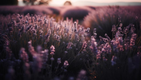 Purple flower head in meadow at sunset generated by artificial intelligenceの素材