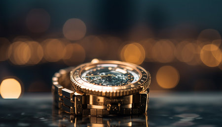 Luxury wristwatch reflects success and elegance at night generated by artificial intelligenceの素材