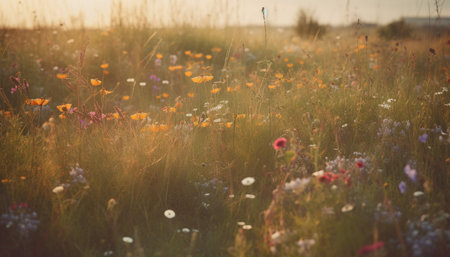 Vibrant wildflower blossom in tranquil rural meadow generated by artificial intelligenceの素材