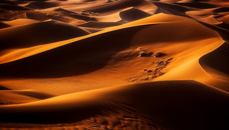 Rippled sand dunes curve in majestic beauty generated by artificial intelligenceの素材