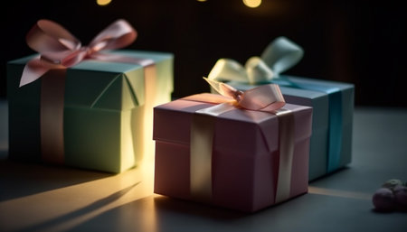 Shiny gift box wrapped in gold paper generated by artificial intelligenceの素材