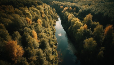 Autumn forest landscape, tranquil beauty in nature generated by artificial intelligenceの素材