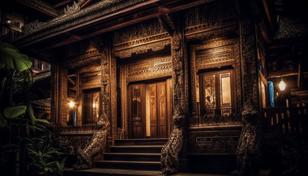 Ancient pagoda illuminated at night in Bali generated by artificial intelligenceの素材