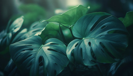 Fresh green leaves adorn the wet forest floor generated by artificial intelligenceの素材