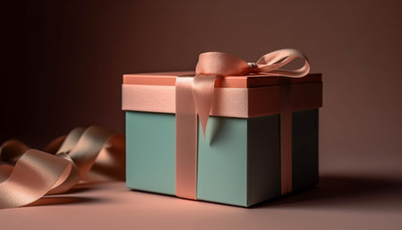 Shiny gold gift box wrapped in satin ribbon generated by artificial intelligenceの素材