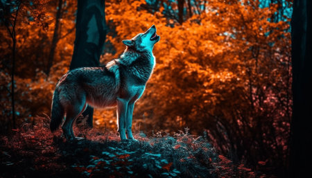 Cute puppy walking in autumn forest generated by artificial intelligenceの素材