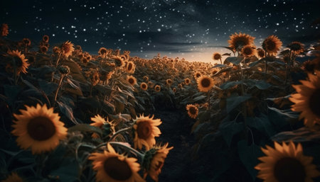Vibrant sunflower growth in rural meadow landscape generated by artificial intelligenceの素材