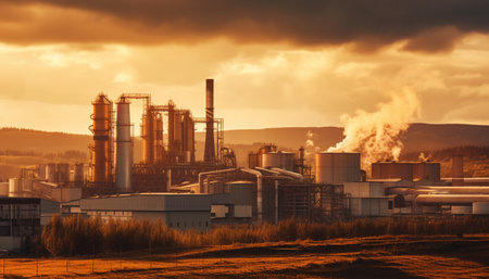 Sunset smokestacks pollute nature air and sky generated by artificial intelligenceの素材