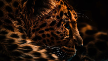 Spotted feline staring, majestic beauty in nature generated by artificial intelligenceの素材