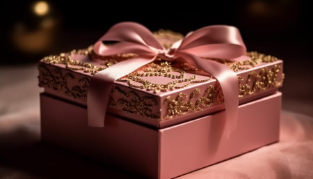 Golden gift box wrapped in shiny paper generated by artificial intelligenceの素材