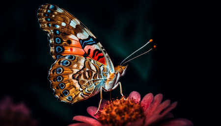 Vibrant butterfly wing spotted on green plant generated by artificial intelligenceの素材