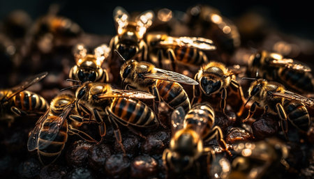 Busy honey bees pollinate flowers for food generated by artificial intelligenceの素材