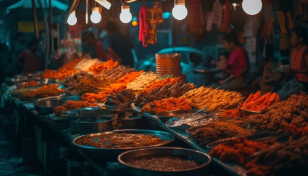 Fresh seafood selling at East Asian street market generated by artificial intelligenceの素材