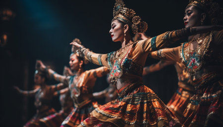 Young women in traditional clothing dancing at festival generated by artificial intelligenceの素材