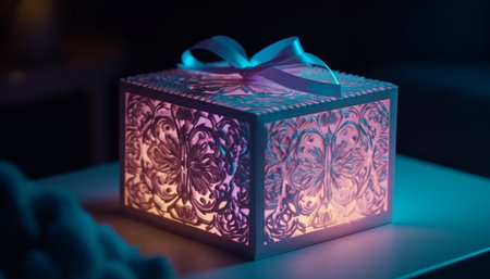 Shiny gift box wrapped in winter decor generated by artificial intelligenceの素材