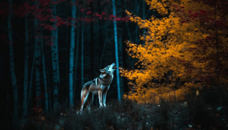 Gray wolf standing on branch, howling at sunset generated by artificial intelligenceの素材