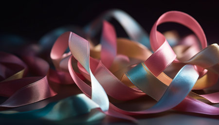 Curled up gift with shiny ribbon decoration generated by artificial intelligenceの素材