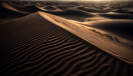Rippled sand dunes curve in tranquil wilderness generated by artificial intelligenceの素材
