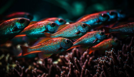 School of fish swimming in natural beauty generated by artificial intelligenceの素材