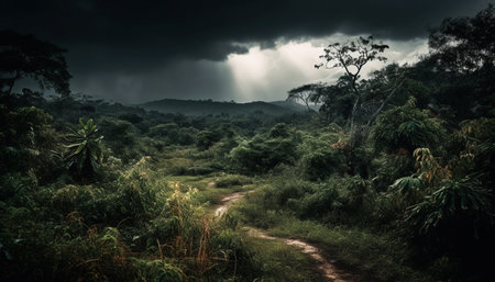 Tranquil scene of a dark forest mystery generated by artificial intelligenceの素材