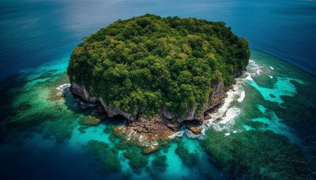 Aerial view of tranquil turquoise waters edge generated by artificial intelligenceの素材
