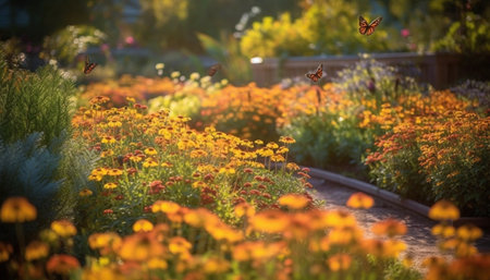 Vibrant wildflowers decorate tranquil meadow at dusk generated by artificial intelligenceの素材