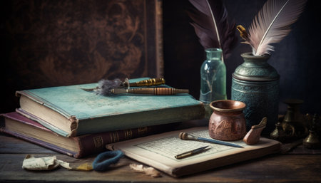 Antique literature on wooden table, quill pen generated by artificial intelligenceの素材