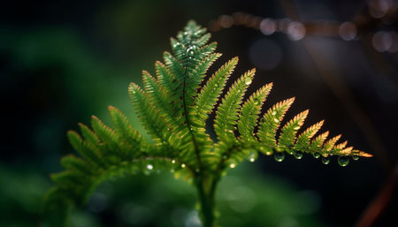 Vibrant fern frond drops dew in sunlight generated by artificial intelligenceの素材