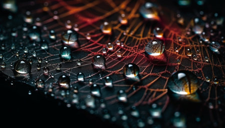 Fresh dew drops on green leaf reflect beauty generated by artificial intelligenceの素材