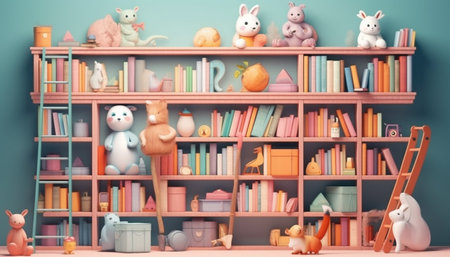 Cute rabbit toy on bookshelf sparks imagination generated by artificial intelligenceの素材