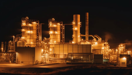 Illuminated petrochemical plant with smoke stack fumes generated by artificial intelligenceの素材