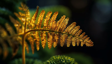 Vibrant frond pattern decorates tranquil tropical rainforest generated by artificial intelligenceの素材