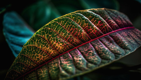 Vibrant leaf vein pattern in tropical rainforest generated by artificial intelligenceの素材