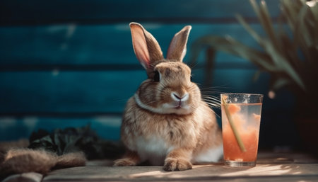 Fluffy baby rabbit sitting on wooden table generated by artificial intelligenceの素材