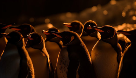 Cute penguins in a row at sunset generated by artificial intelligenceの素材