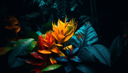 Vibrant leaves adorn the tropical rainforest at night generated by artificial intelligenceの素材