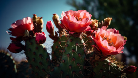 Fresh pink blossom, sharp thorns, succulent plant generated by artificial intelligenceの素材