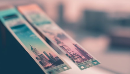 Modern skyscrapers illuminate city life at night generated by artificial intelligenceの素材