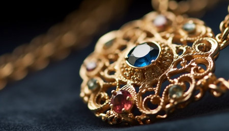 Shiny gold jewelry, gemstones, and elegance combined generated by artificial intelligenceの素材