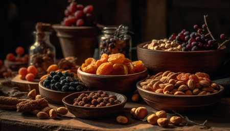 Healthy snack bowl with nuts and berries generated by artificial intelligenceの素材