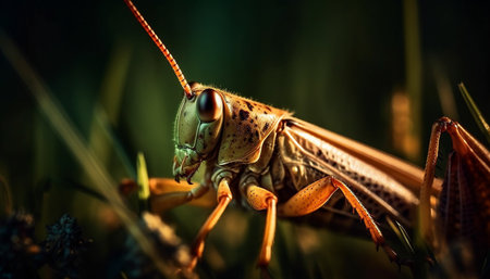 Green locust on leaf, magnified in macro generated by artificial intelligenceの素材