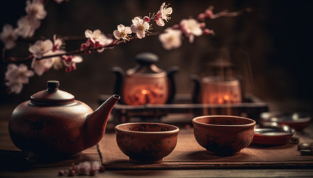 Hot tea in antique earthenware teapot still life generated by artificial intelligenceの素材